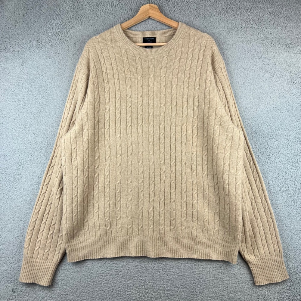 Mercer Street Studio Mens XL Beige Cable Knit 100% Cashmere Crewneck‎ Sweater